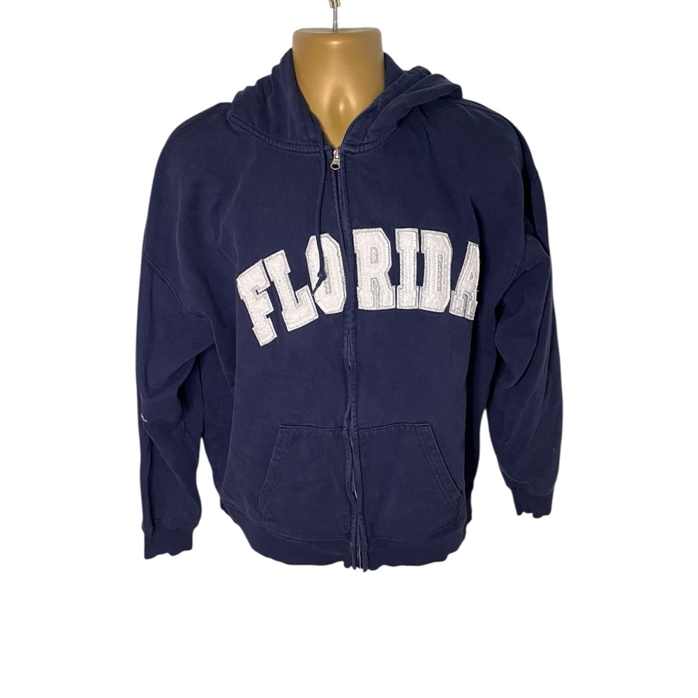 Y2K Bluewater Beach Tourist Zip Hoodie Embroidered Block Letter Pockets Navy XL